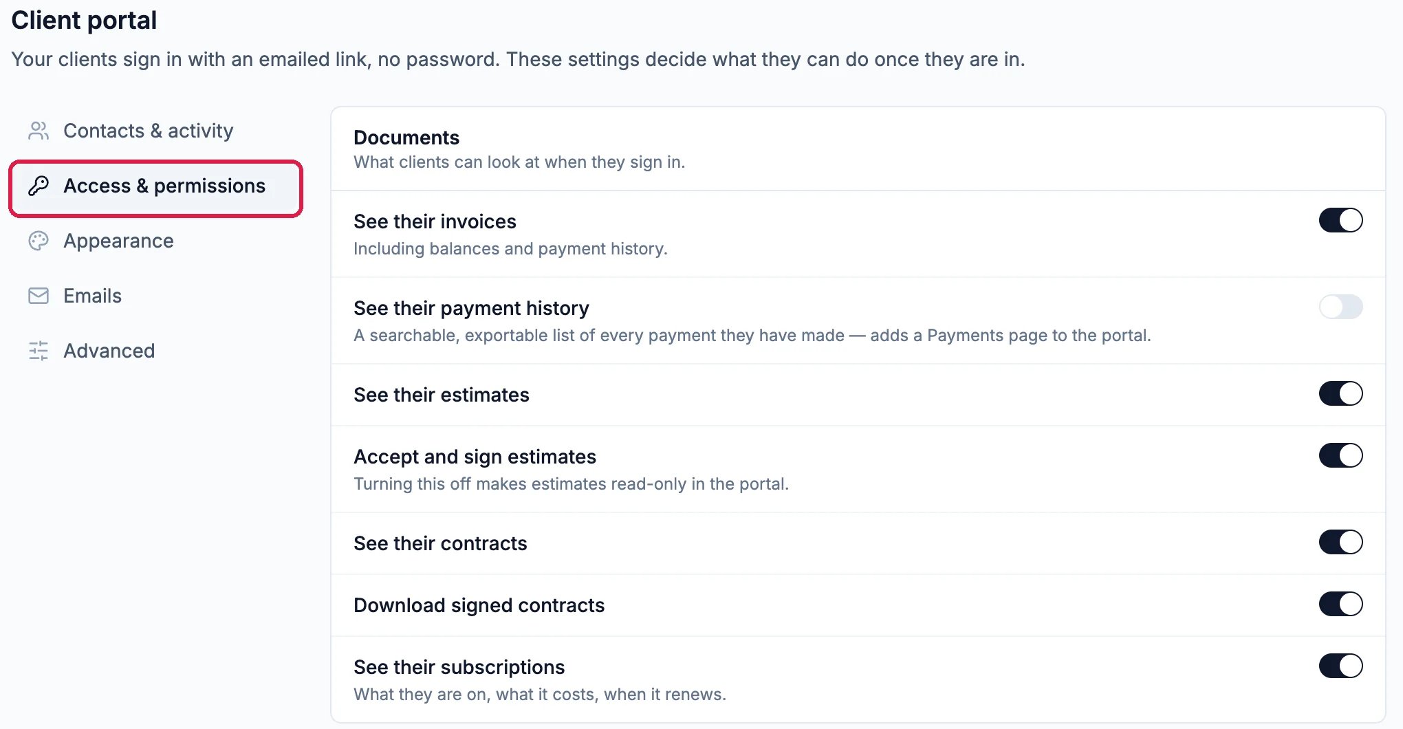 Client portal settings with Access & permissions outlined, and Documents: See their invoices on, See their payment history off, See their estimates on, Accept and sign estimates on, See their contracts on, Download signed contracts on, See their subscriptions on