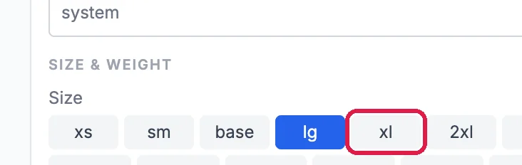 The Size buttons in the Text section, with lg selected and xl outlined