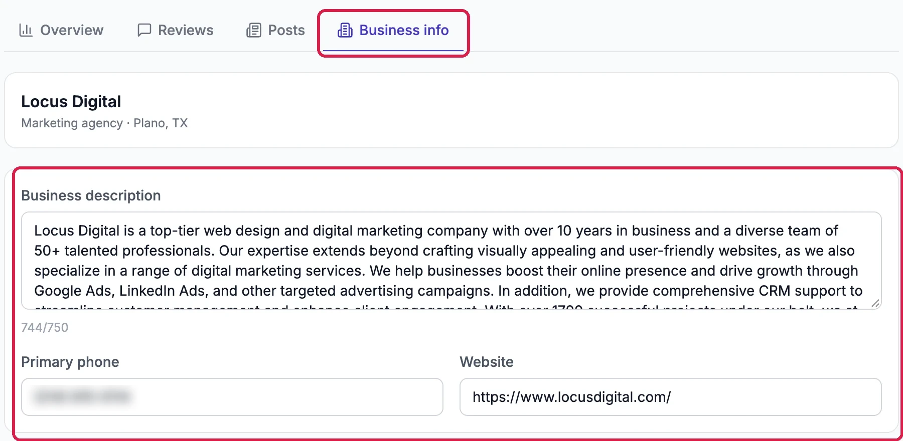 Business info, outlined; Locus Digital, Marketing agency, Plano TX; and Business description with 744 of 750 characters, Primary phone hidden, and Website, outlined