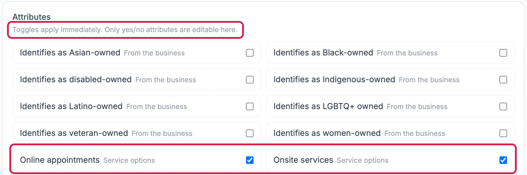 Attributes: Toggles apply immediately. Only yes/no attributes are editable here, outlined; a list of attributes with checkboxes; and Online appointments and Onsite services ticked, outlined