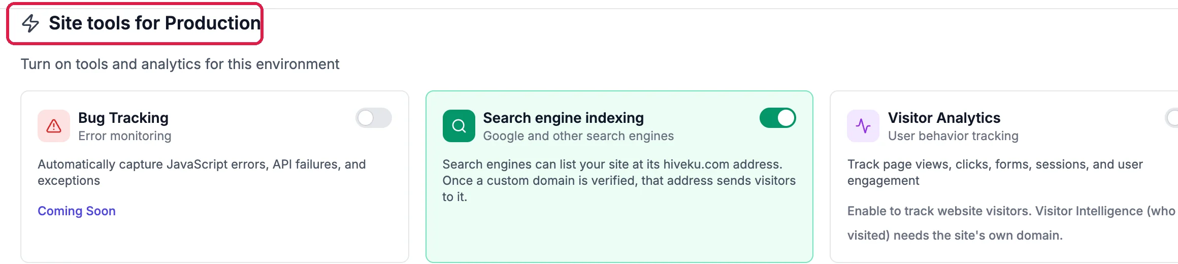 Site tools for Production, outlined, Turn on tools and analytics for this environment, with the first row of cards: Bug Tracking, Search engine indexing and Visitor Analytics