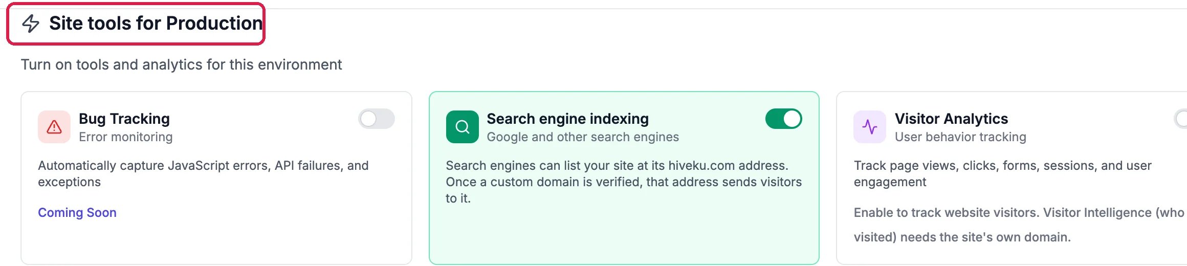 Site tools for Production, outlined, Turn on tools and analytics for this environment, with the first row of cards: Bug Tracking, Search engine indexing and Visitor Analytics