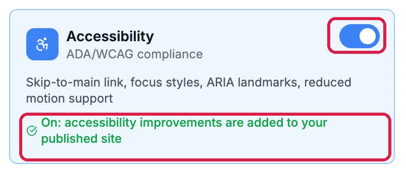 The Accessibility card with its switch on, outlined, and On: accessibility improvements are added to your published site, outlined