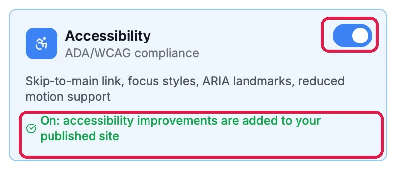 The Accessibility card with its switch on, outlined, and On: accessibility improvements are added to your published site, outlined