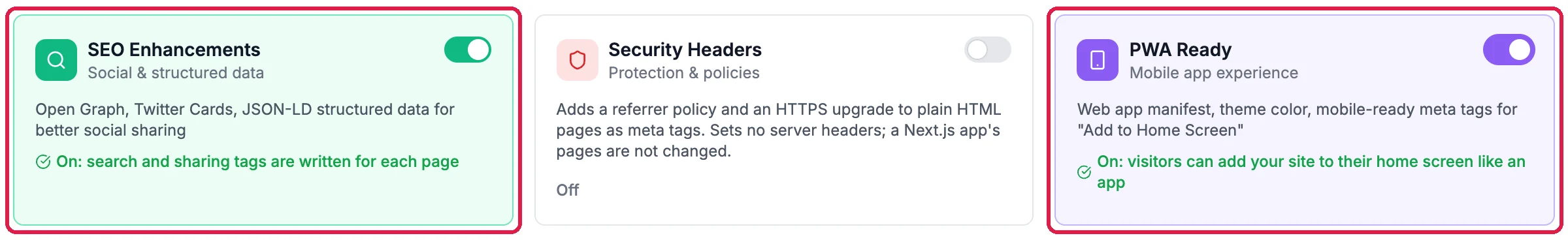 The SEO Enhancements card, on, with On: search and sharing tags are written for each page, outlined; Security Headers, off; and PWA Ready, on, with On: visitors can add your site to their home screen like an app, outlined
