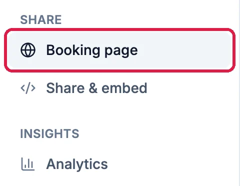 The Calendar menu with Booking page outlined, under Share