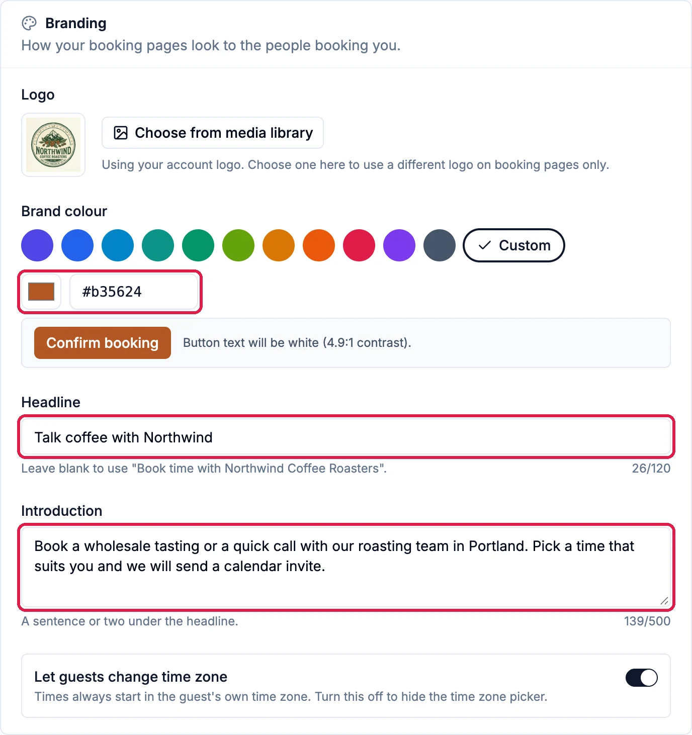 Branding: the Northwind logo, Brand colour set to Custom with b35624 outlined, the Confirm booking sample in that colour, and the Headline Talk coffee with Northwind and the Introduction both outlined