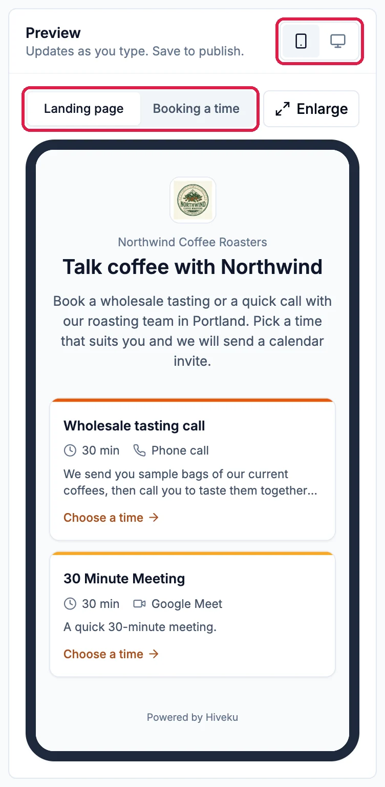 The Preview with the phone and computer buttons and the Landing page and Booking a time choice outlined; the phone shows the Northwind logo, Talk coffee with Northwind, the introduction and the two meeting types