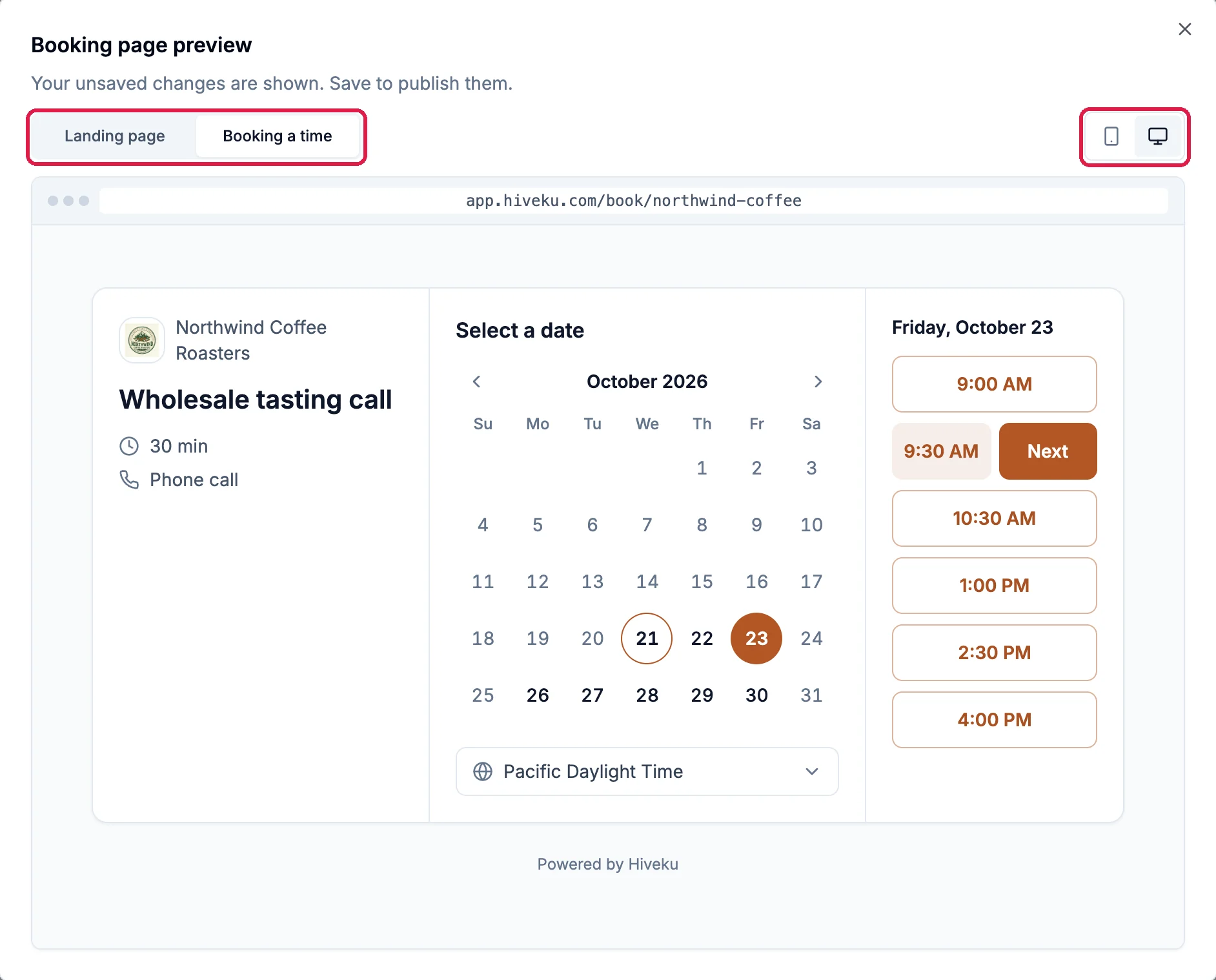 Booking page preview with Booking a time and the computer button outlined: the Wholesale tasting call with a month calendar and example times in Northwind's color