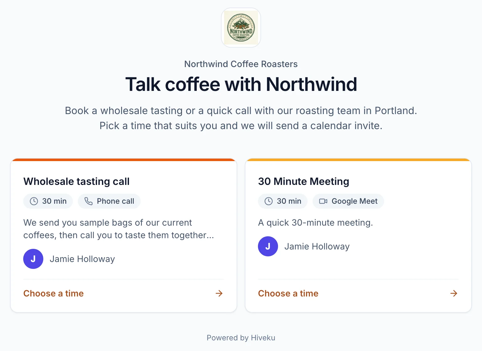 The live booking page: the Northwind logo, Talk coffee with Northwind, the introduction, and cards for Wholesale tasting call and 30 Minute Meeting, each with Choose a time