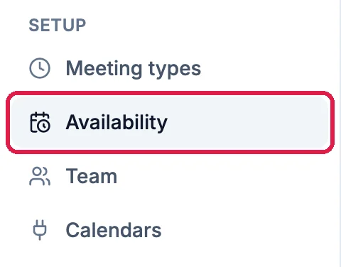 The Calendar menu with Availability outlined, under Setup