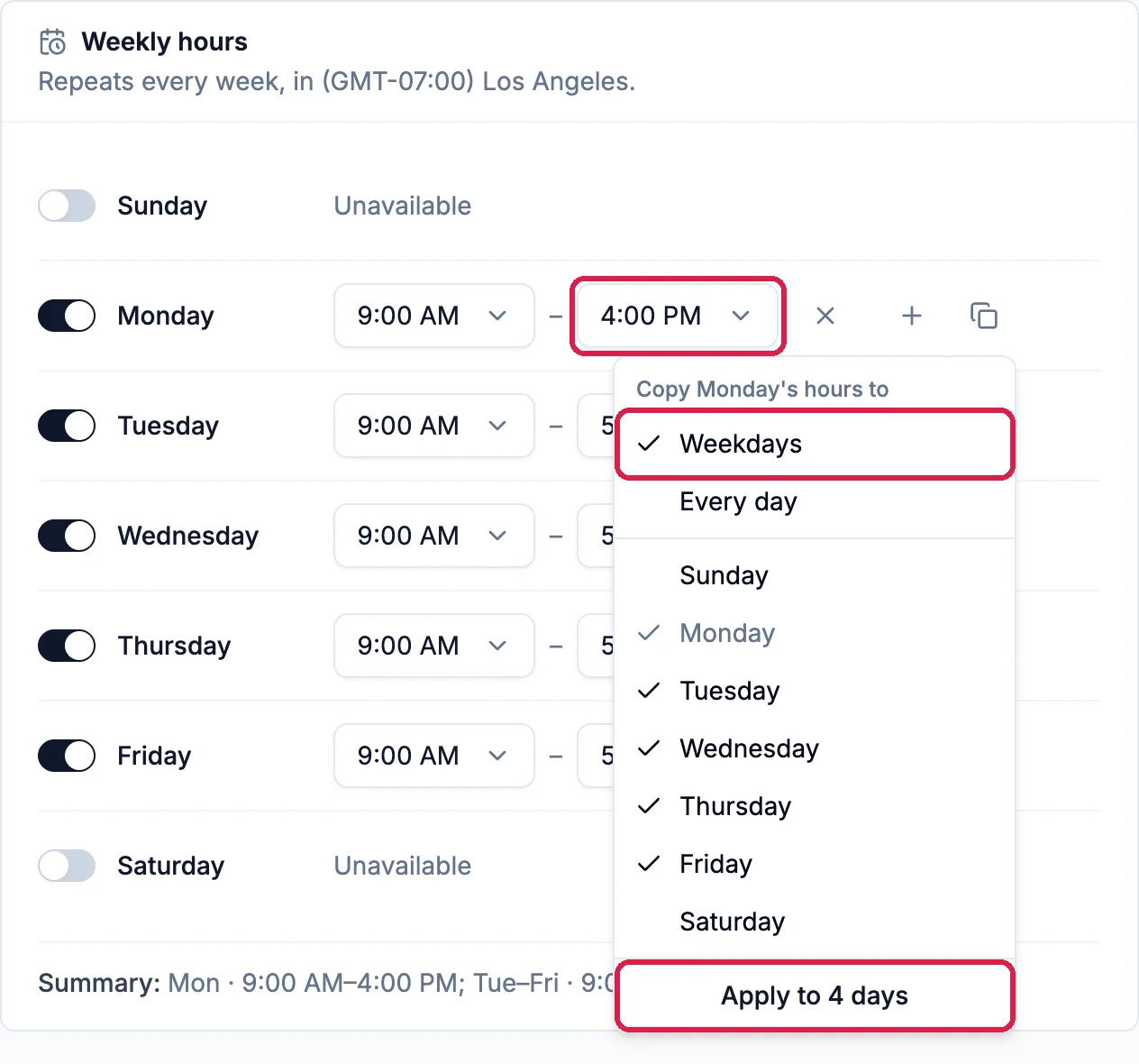 Weekly hours with Monday 9:00 AM to 4:00 PM, the 4:00 PM end time outlined, and the menu Copy Monday's hours to open with Weekdays and Apply to 4 days outlined