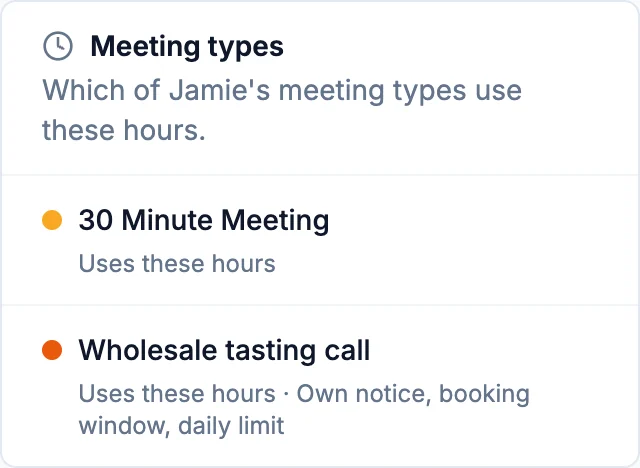The Meeting types card: 30 Minute Meeting, Uses these hours, and Wholesale tasting call, Uses these hours with its own notice, booking window and daily limit