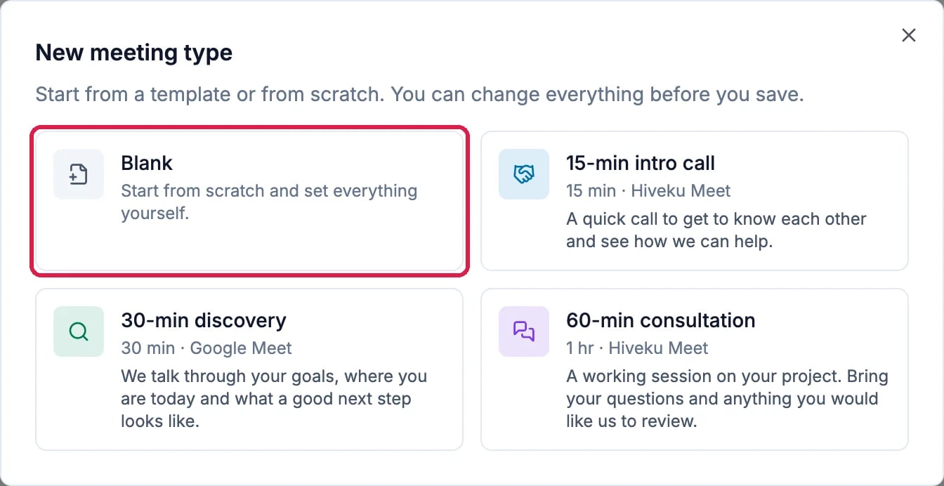 New meeting type: Blank, 15-min intro call, 30-min discovery and 60-min consultation, with Blank outlined