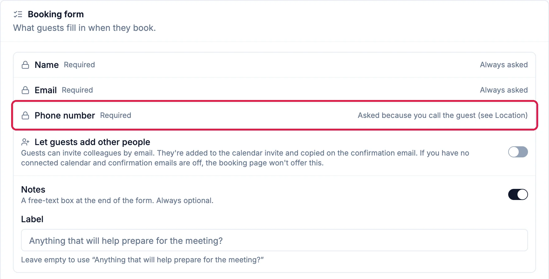Booking form: Name and Email, Always asked, and Phone number, Asked because you call the guest (see Location), outlined; below, Let guests add other people and Notes