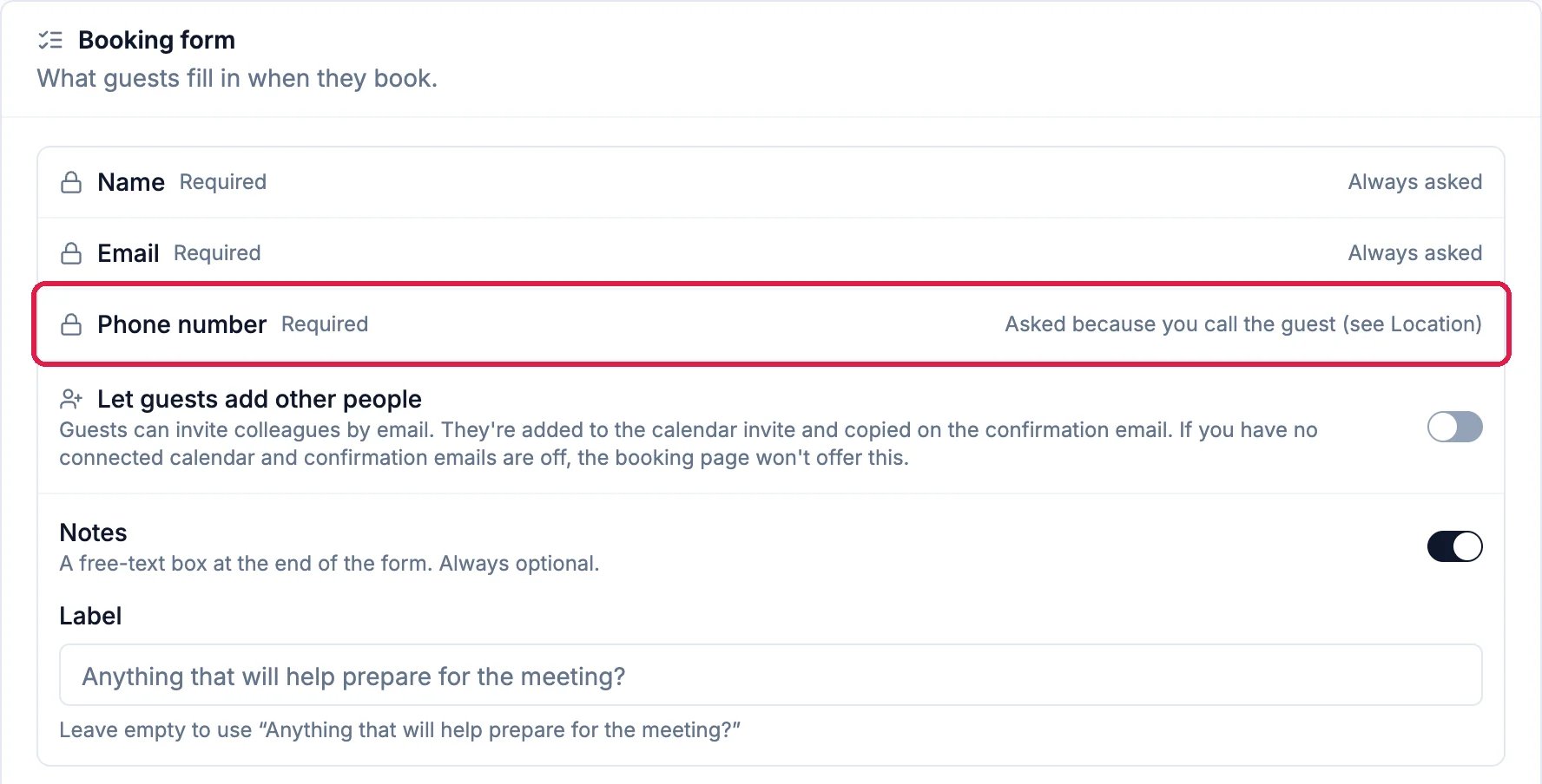Booking form: Name and Email, Always asked, and Phone number, Asked because you call the guest (see Location), outlined; below, Let guests add other people and Notes