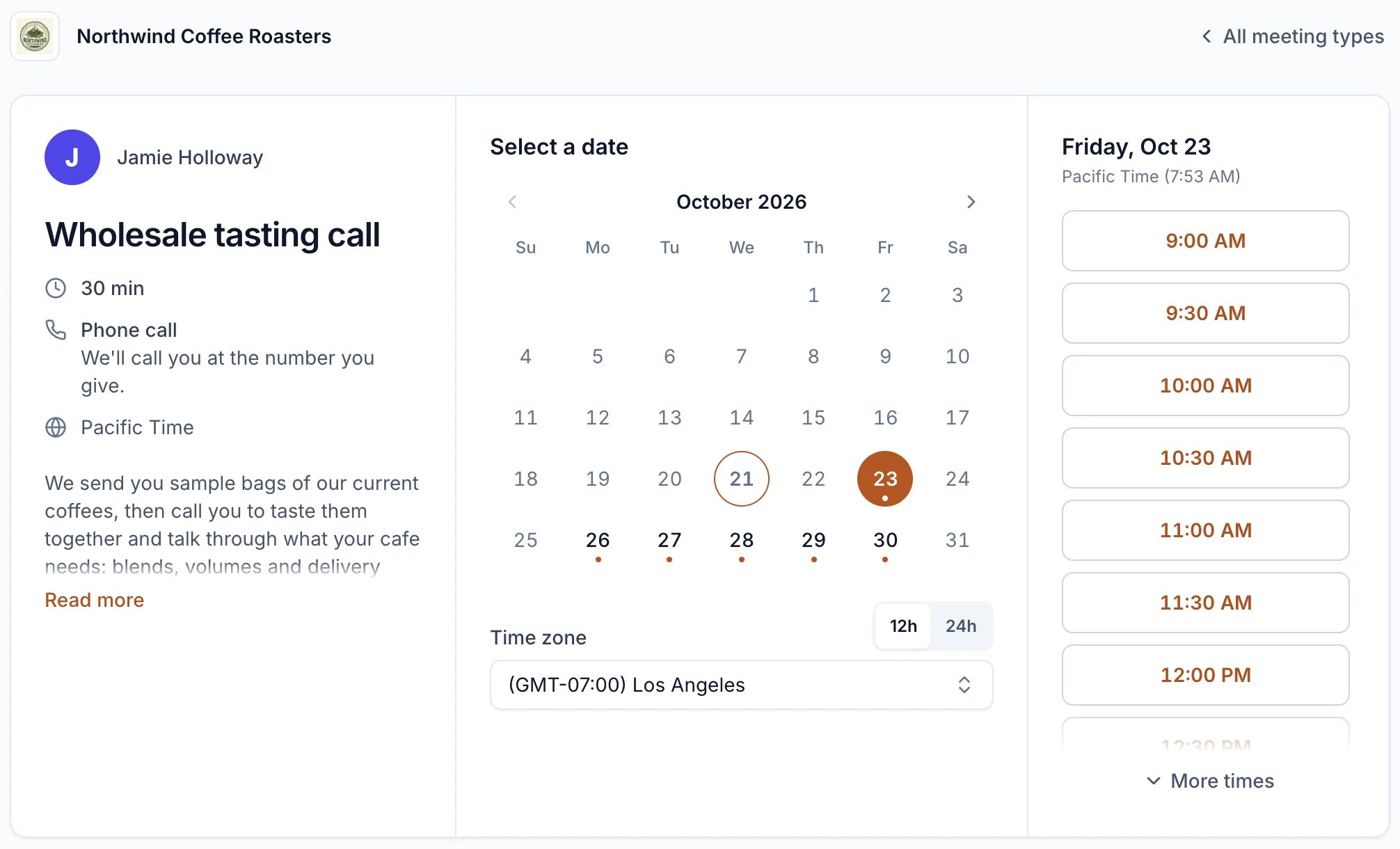 The live page for Wholesale tasting call: 30 min, Phone call, Pacific Time and the description, a calendar for October 2026 with Friday the 23rd chosen, and times from 9:00 AM