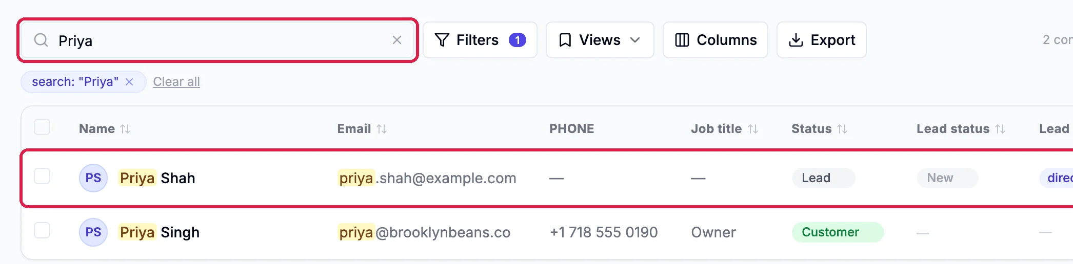The Contacts list searched for Priya, with the search box and the row for Priya Shah, priya.shah@example.com, Lead, New outlined