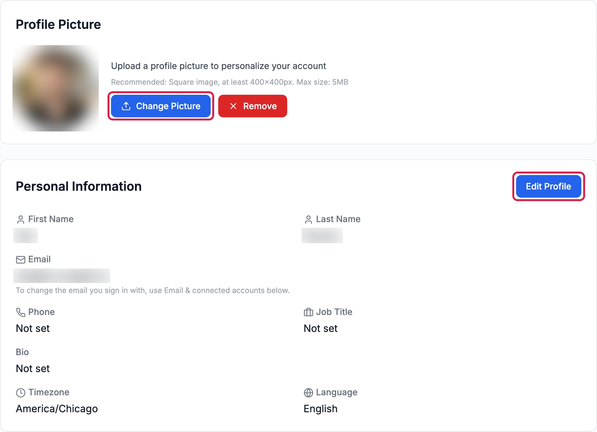 Profile Picture with Change Picture, outlined, and Remove; Personal Information with Edit Profile, outlined, and First Name, Last Name and Email (blurred), Phone, Job Title and Bio Not set, Timezone America/Chicago and Language English