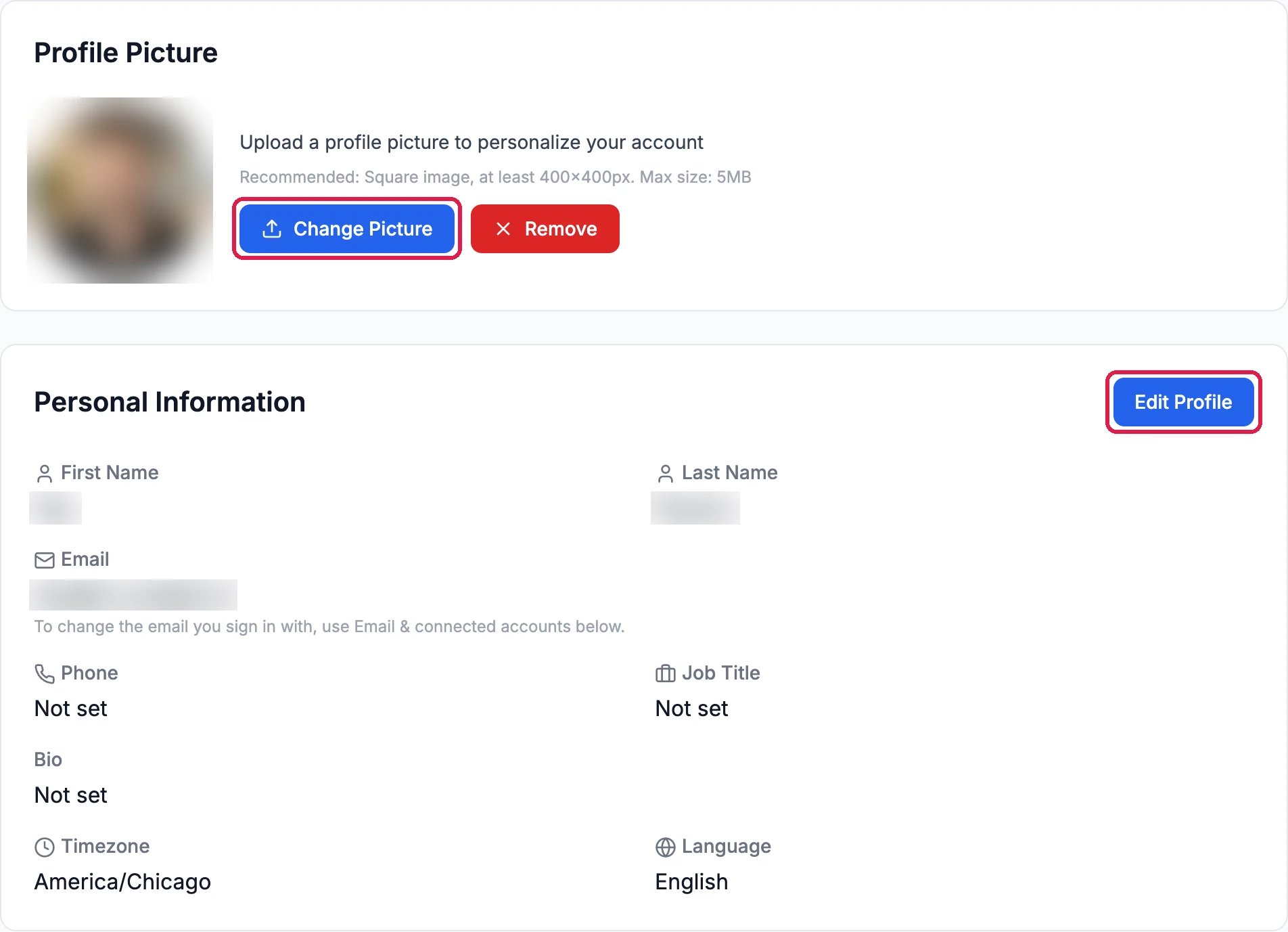Profile Picture with Change Picture, outlined, and Remove; Personal Information with Edit Profile, outlined, and First Name, Last Name and Email (blurred), Phone, Job Title and Bio Not set, Timezone America/Chicago and Language English
