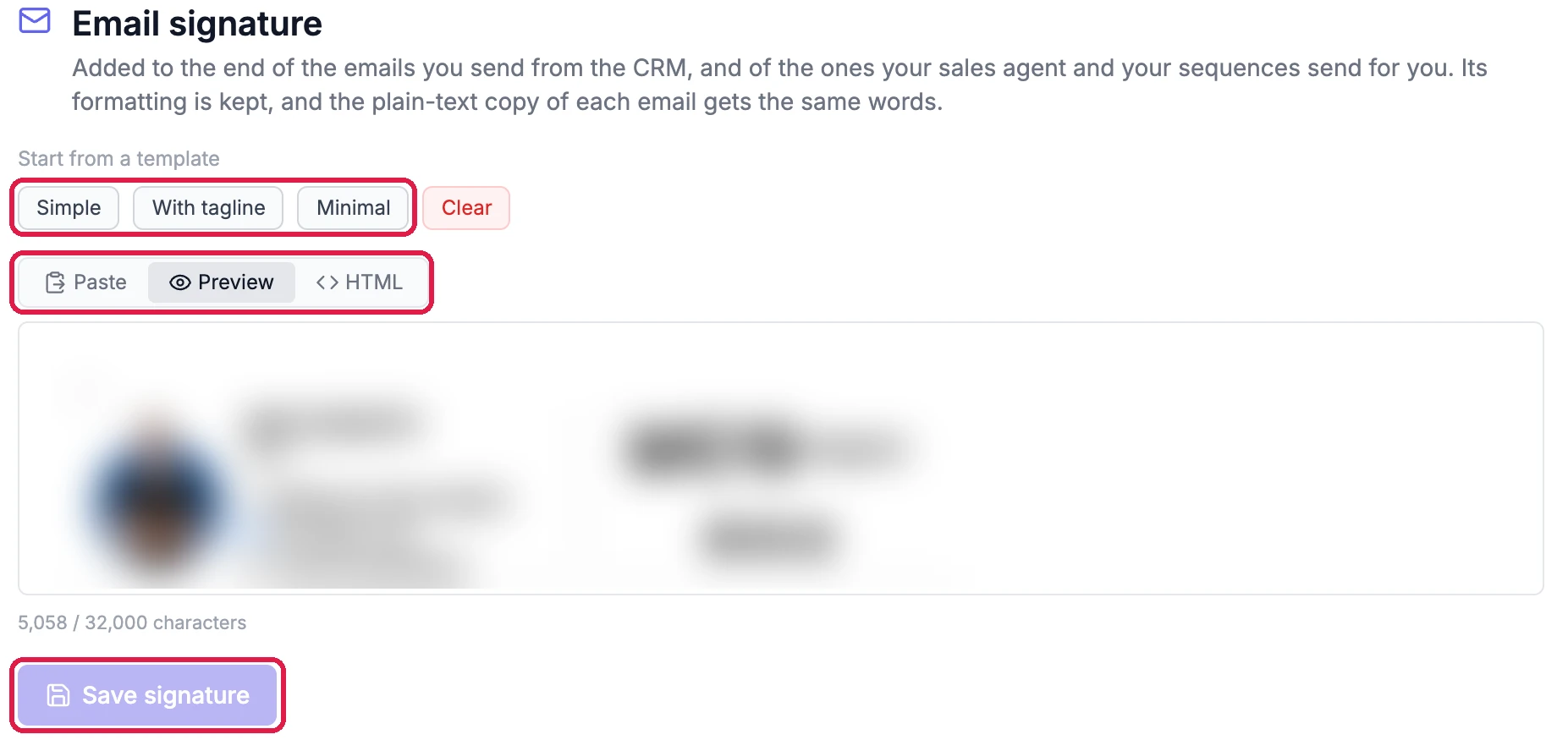 Email signature: Start from a template with Simple, With tagline and Minimal, outlined, and Clear; Paste, Preview and HTML, outlined; the signature preview (blurred); 5,058 / 32,000 characters; and Save signature, outlined