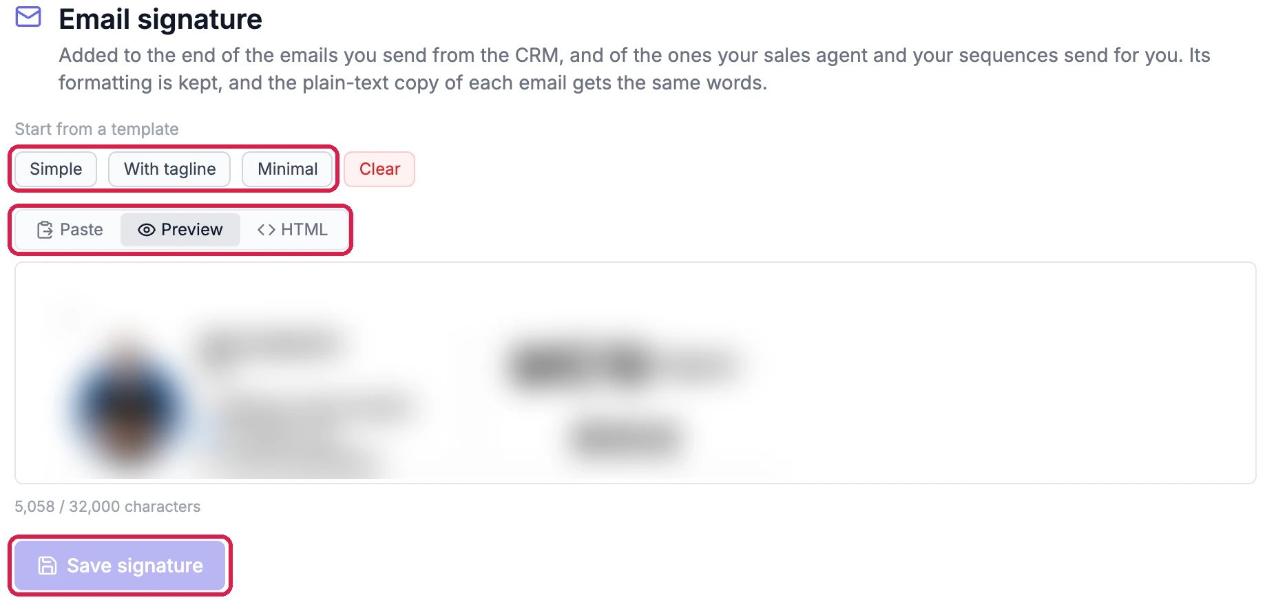 Email signature: Start from a template with Simple, With tagline and Minimal, outlined, and Clear; Paste, Preview and HTML, outlined; the signature preview (blurred); 5,058 / 32,000 characters; and Save signature, outlined