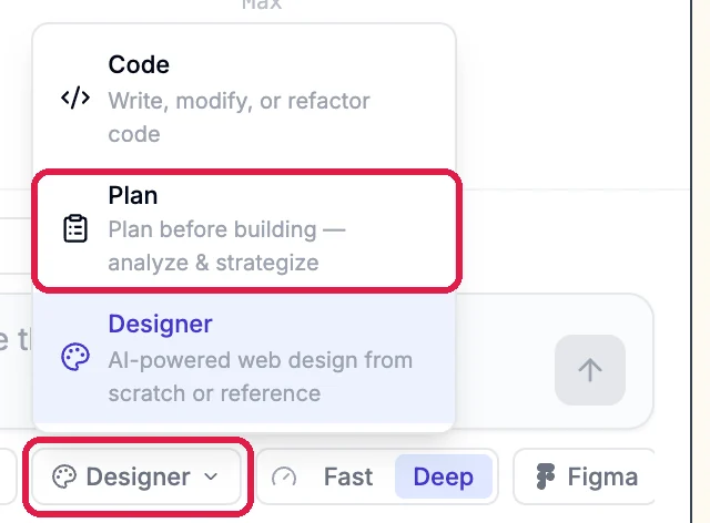The mode menu: Code, Write, modify, or refactor code; Plan, Plan before building, analyze and strategize, outlined; Designer, AI-powered web design from scratch or reference; and the mode button, outlined