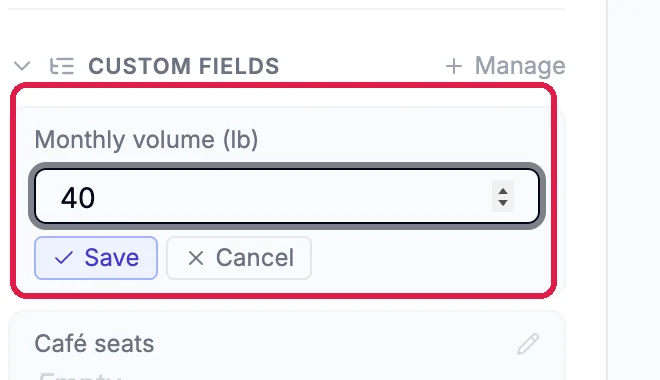 The Monthly volume (lb) field open for editing with 40 typed, and Save and Cancel, outlined