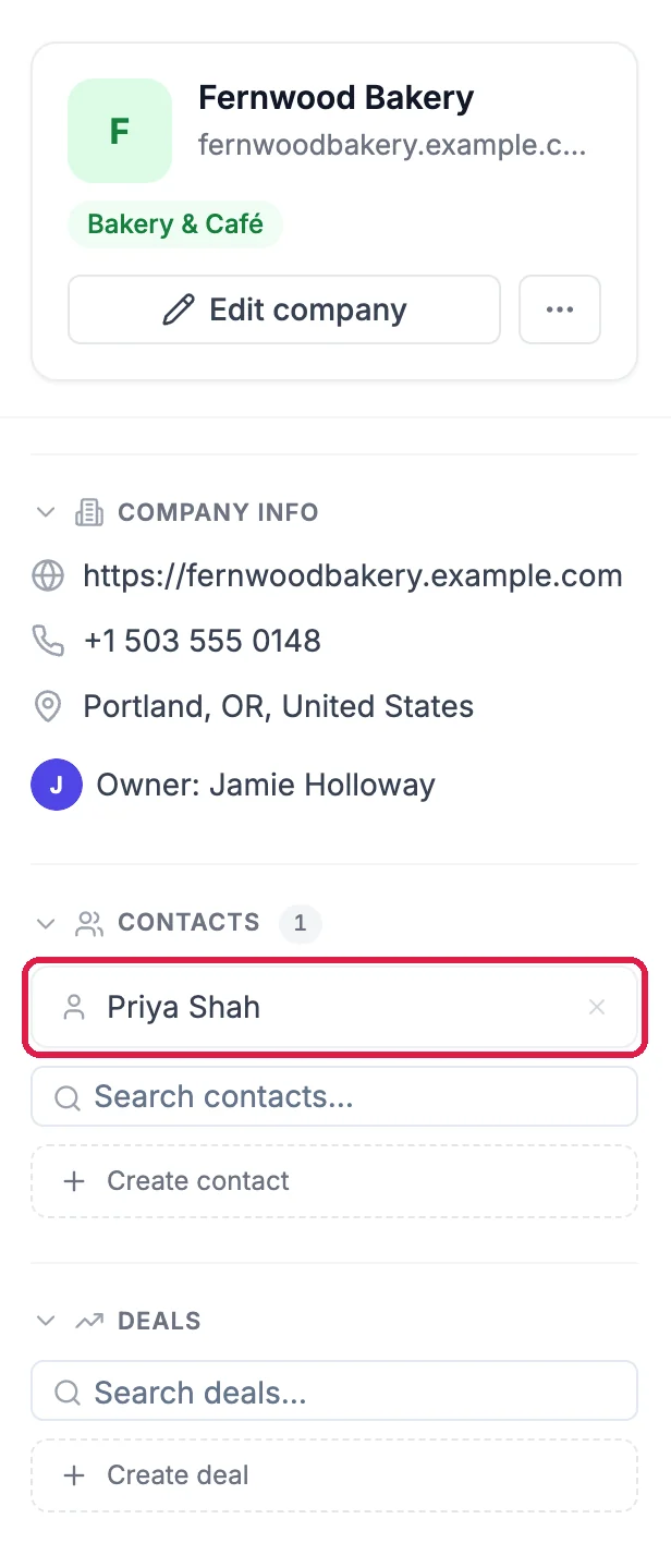 Fernwood Bakery with its Bakery and Café tag, Edit company, its website, phone, Portland address and owner, and under Contacts 1 the row Priya Shah, outlined; below it Deals with Search deals and Create deal