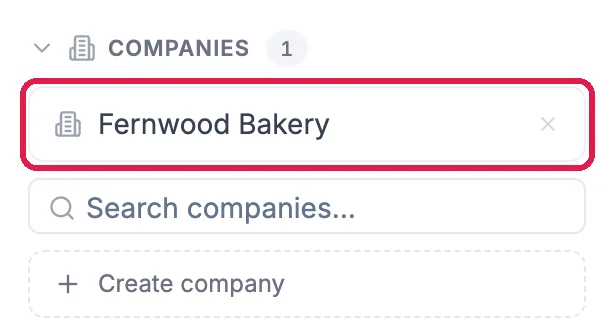 Companies 1 on Priya Shah's page, with Fernwood Bakery outlined, above Search companies and Create company