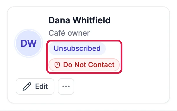 Dana Whitfield, Café owner, with the tags Unsubscribed and Do Not Contact, outlined
