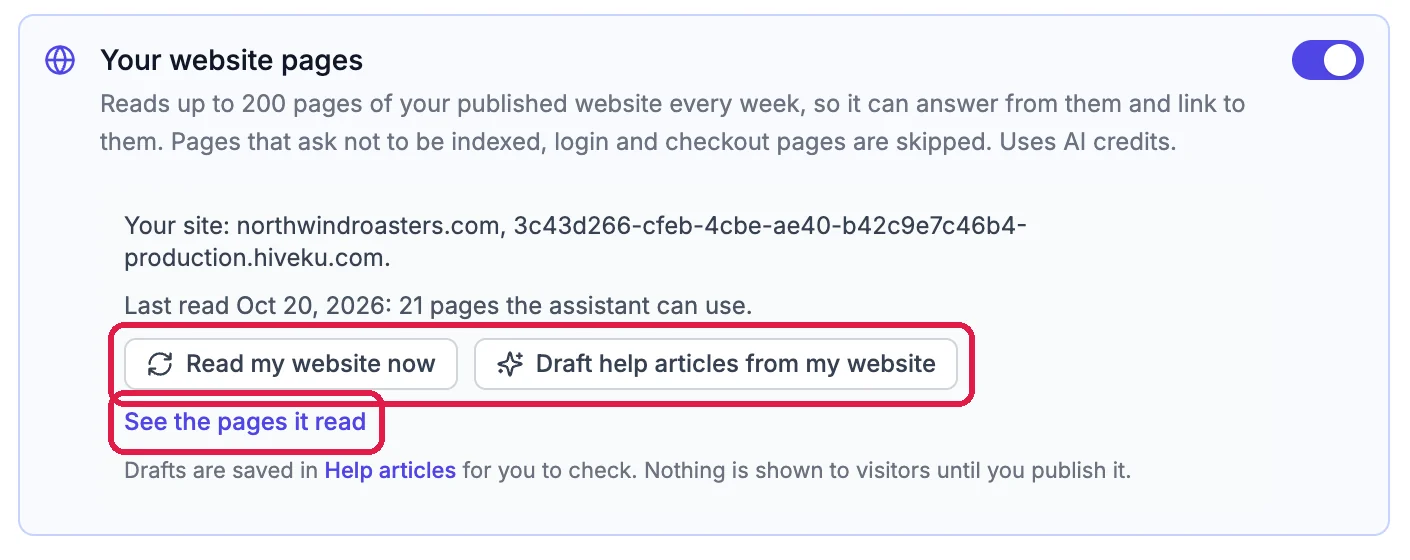 Your website pages switched on, with Northwind's two site addresses, Last read Oct 20, 2026: 21 pages the assistant can use, Read my website now and Draft help articles from my website, outlined, and See the pages it read, outlined