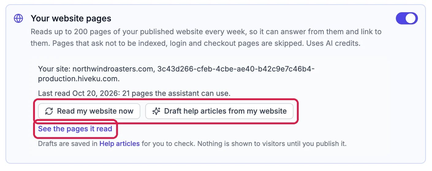 Your website pages switched on, with Northwind's two site addresses, Last read Oct 20, 2026: 21 pages the assistant can use, Read my website now and Draft help articles from my website, outlined, and See the pages it read, outlined