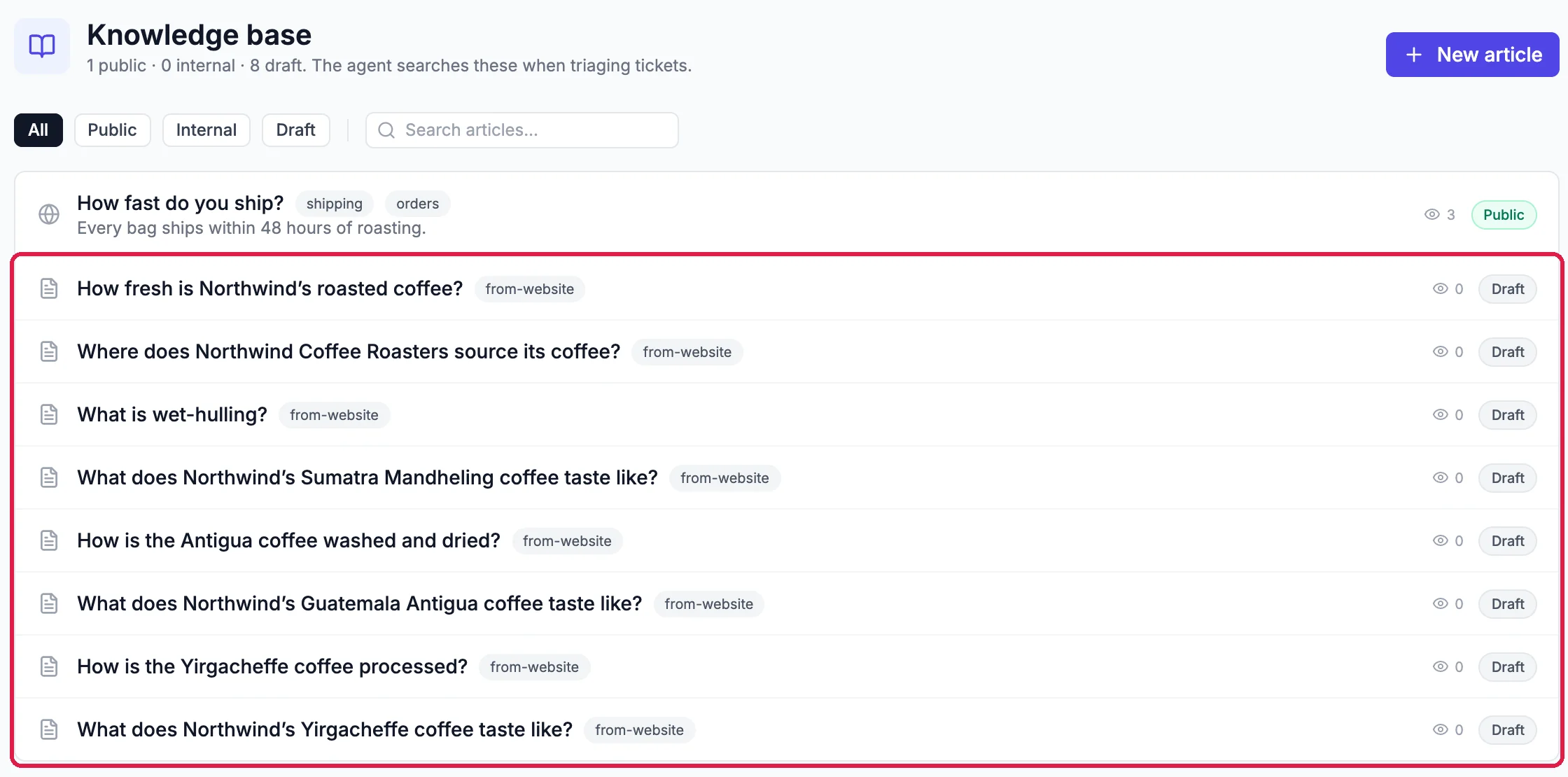 The Knowledge base with one public article and eight new articles tagged from-website, each marked Draft, outlined