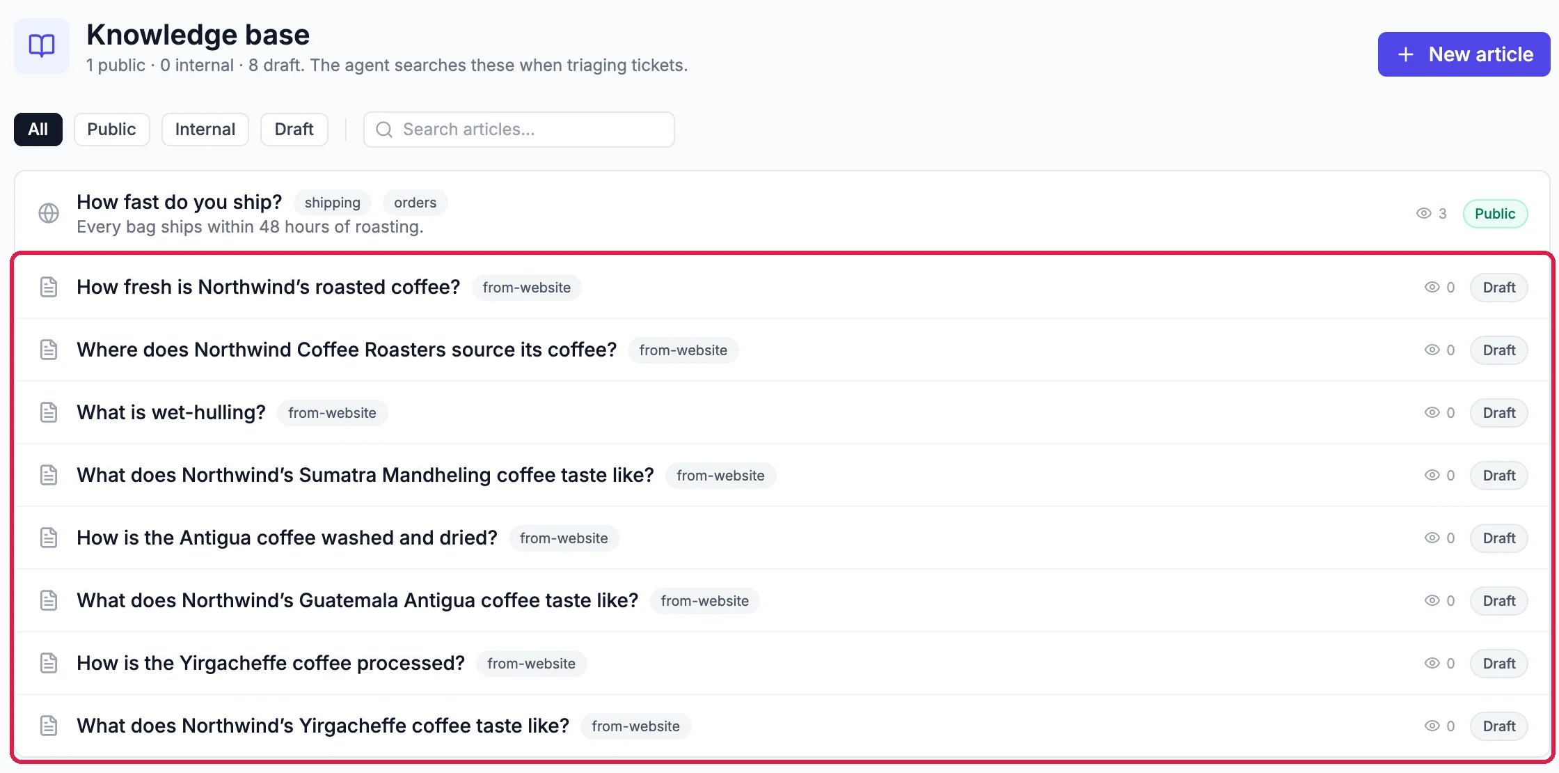 The Knowledge base with one public article and eight new articles tagged from-website, each marked Draft, outlined