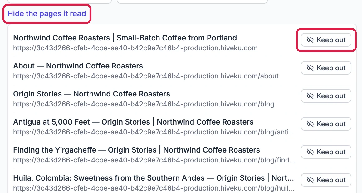 Hide the pages it read, outlined, and the list of Northwind's pages with their addresses, each with a Keep out button, the first one outlined