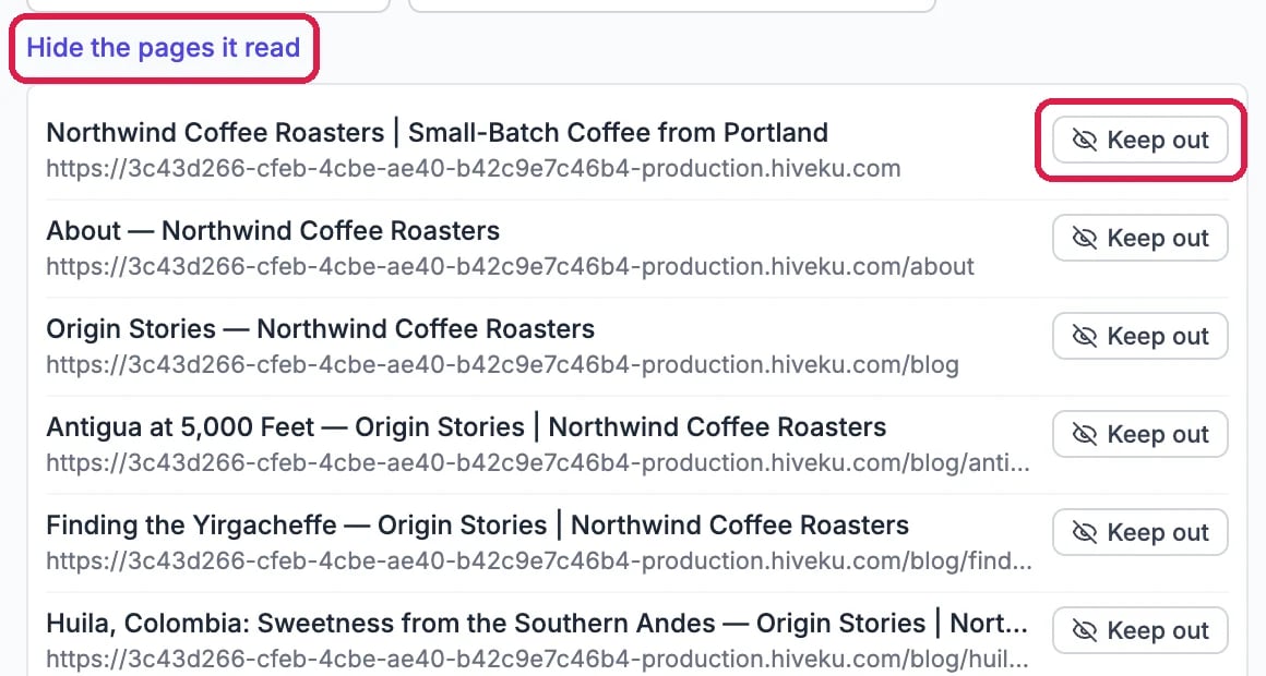 Hide the pages it read, outlined, and the list of Northwind's pages with their addresses, each with a Keep out button, the first one outlined