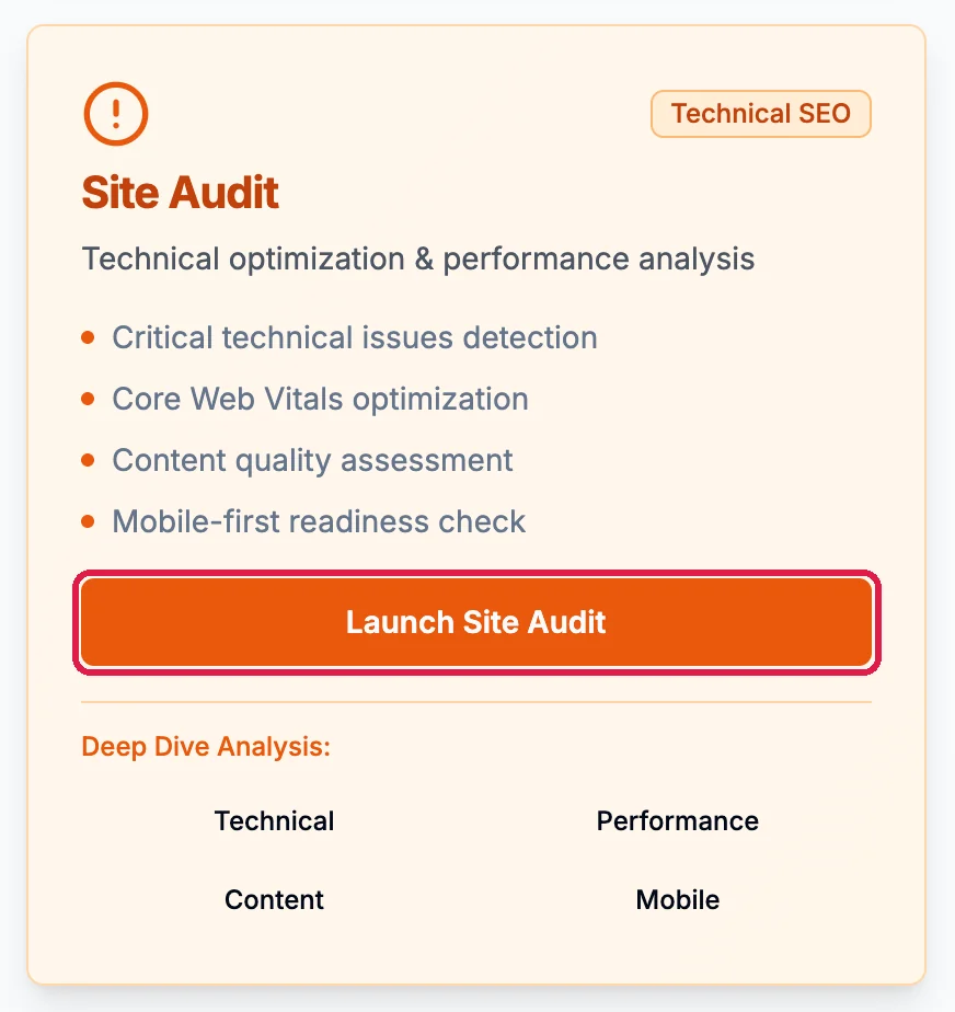 The Site Audit card with the Launch Site Audit button outlined