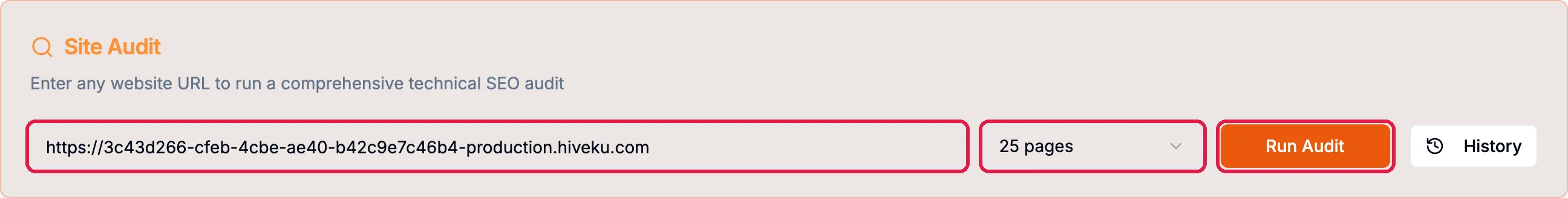 The Site Audit form with Northwind's production address, 25 pages and the Run Audit button outlined