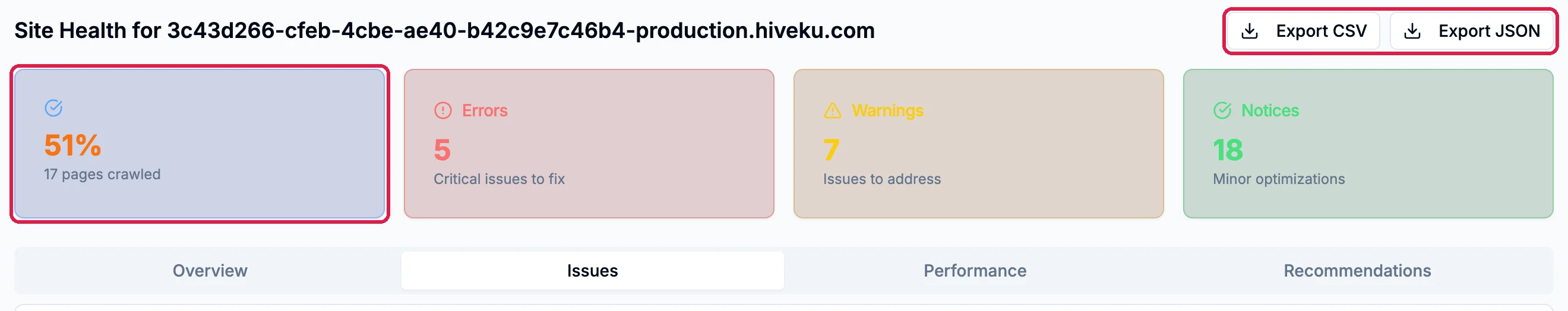 Site Health for Northwind's address: the score card 51%, 17 pages crawled, outlined; Errors 5, Warnings 7 and Notices 18; and the Export CSV and Export JSON buttons, outlined