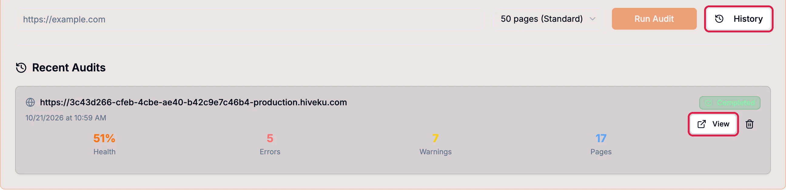 Recent Audits with Northwind's audit of 10/21/2026: 51% health, 5 errors, 7 warnings, 17 pages, with the History and View buttons outlined