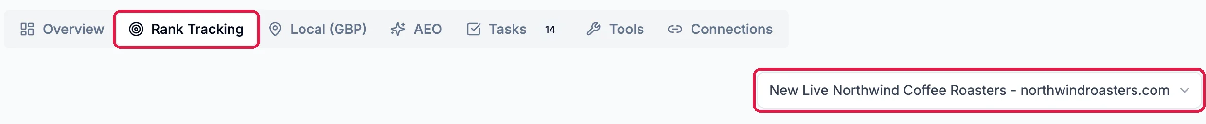 The SEO Dashboard tabs with Rank Tracking outlined, and the site New Live Northwind Coffee Roasters - northwindroasters.com picked and outlined
