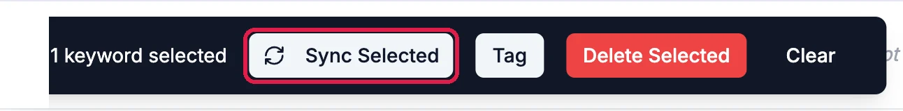 The bar for one selected keyword, with Sync Selected outlined, then Tag, Delete Selected and Clear