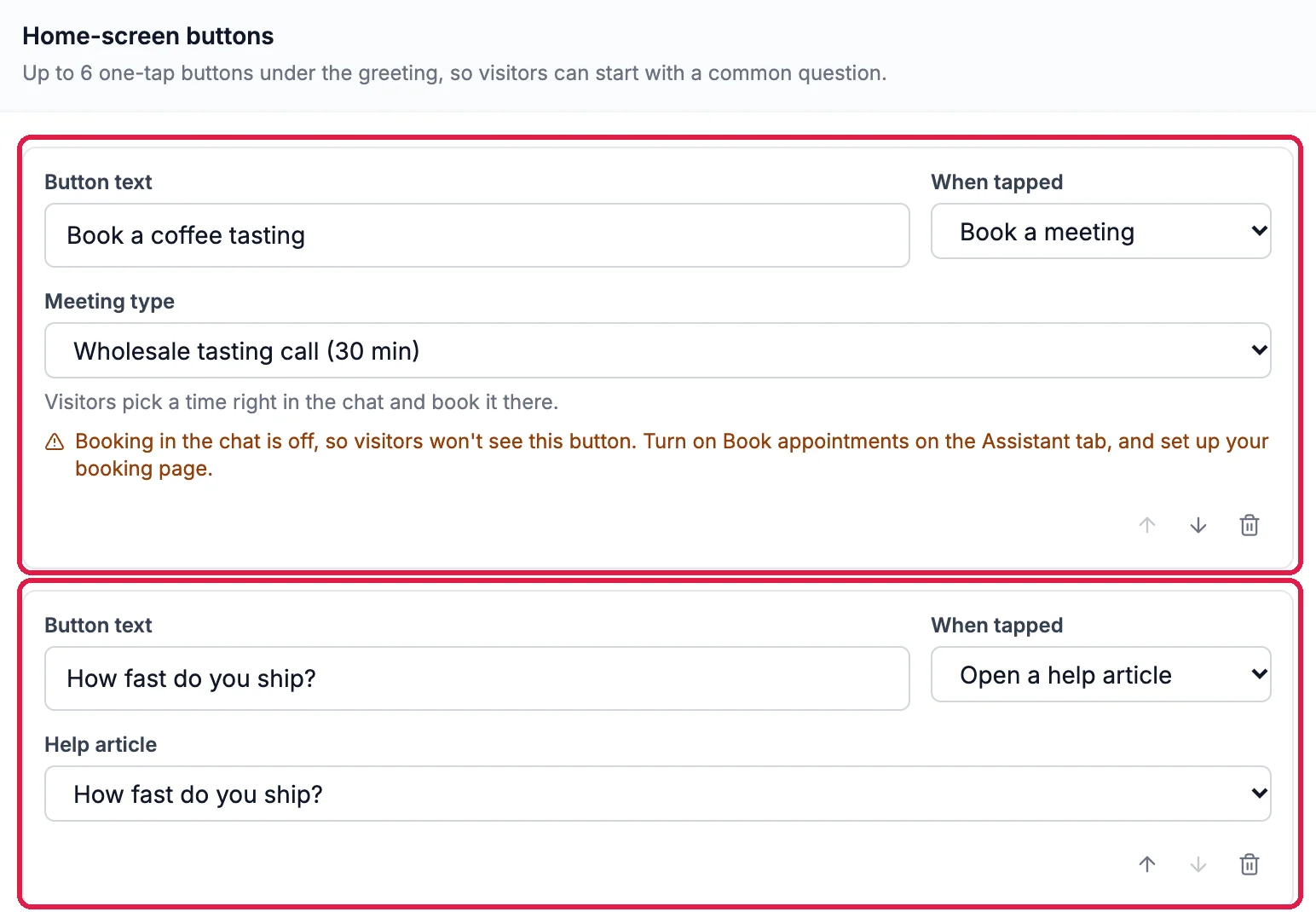 Home-screen buttons: Book a coffee tasting, When tapped Book a meeting, Meeting type Wholesale tasting call (30 min), with the note Booking in the chat is off, so visitors won't see this button; and How fast do you ship?, When tapped Open a help article, Help article How fast do you ship?; both outlined