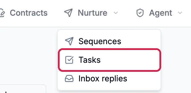 The Nurture menu open with Sequences, Tasks and Inbox replies, and Tasks outlined