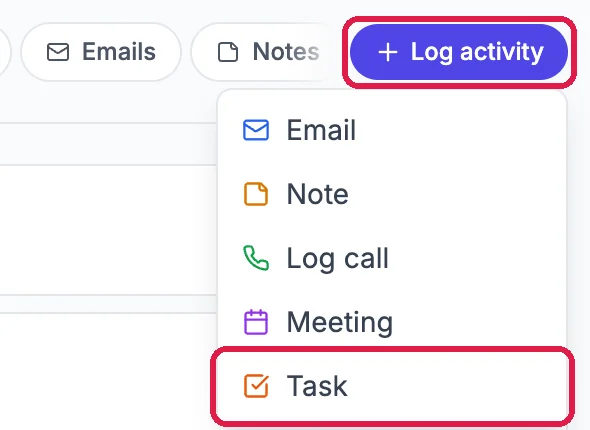 The Log activity button and its menu: Email, Note, Log call, Meeting and Task, with Log activity and Task outlined