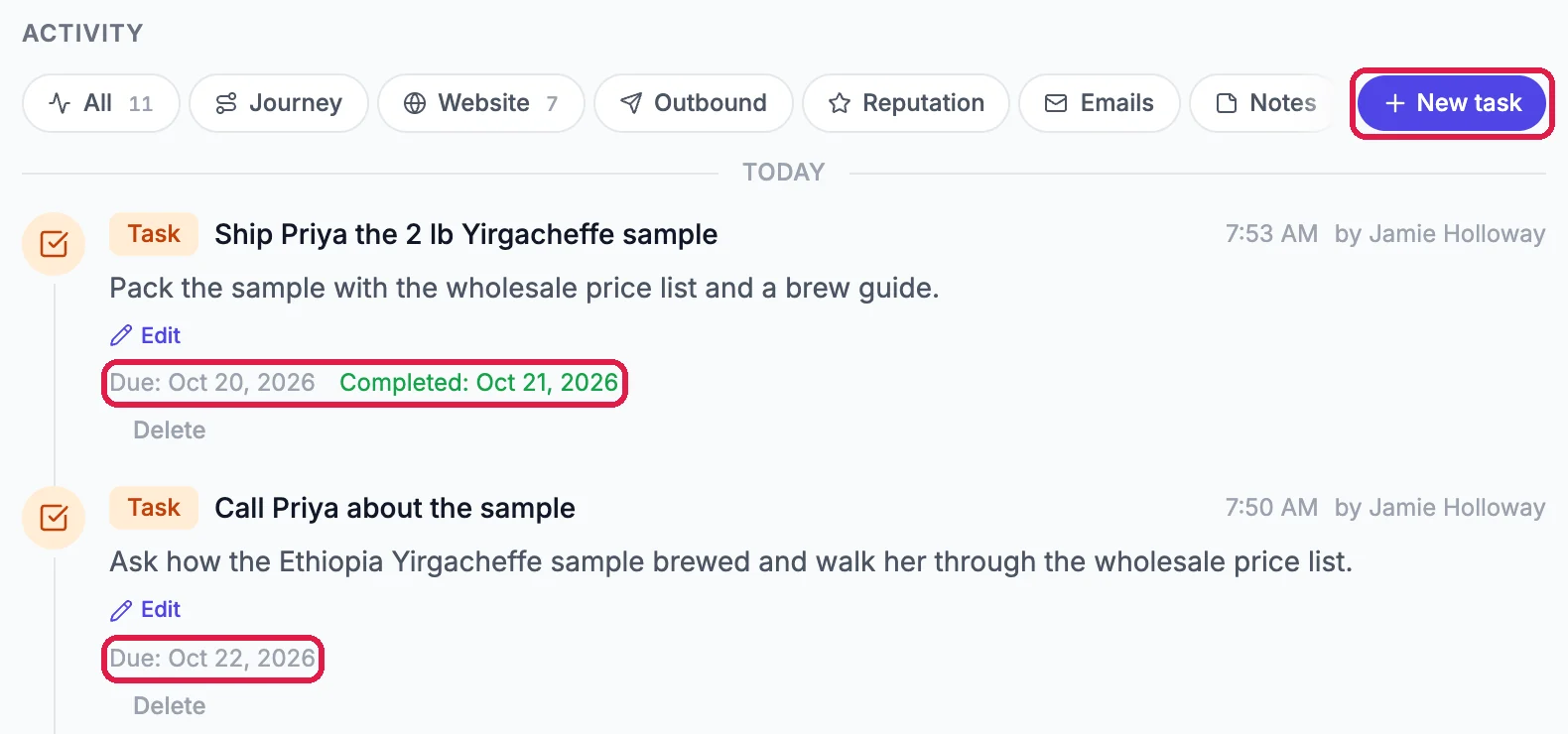 The contact's Tasks tab with two tasks: Ship Priya the 2 lb Yirgacheffe sample, Due Oct 20, 2026, Completed Oct 21, 2026, and Call Priya about the sample, Due Oct 22, 2026, with the dates and the New task button outlined