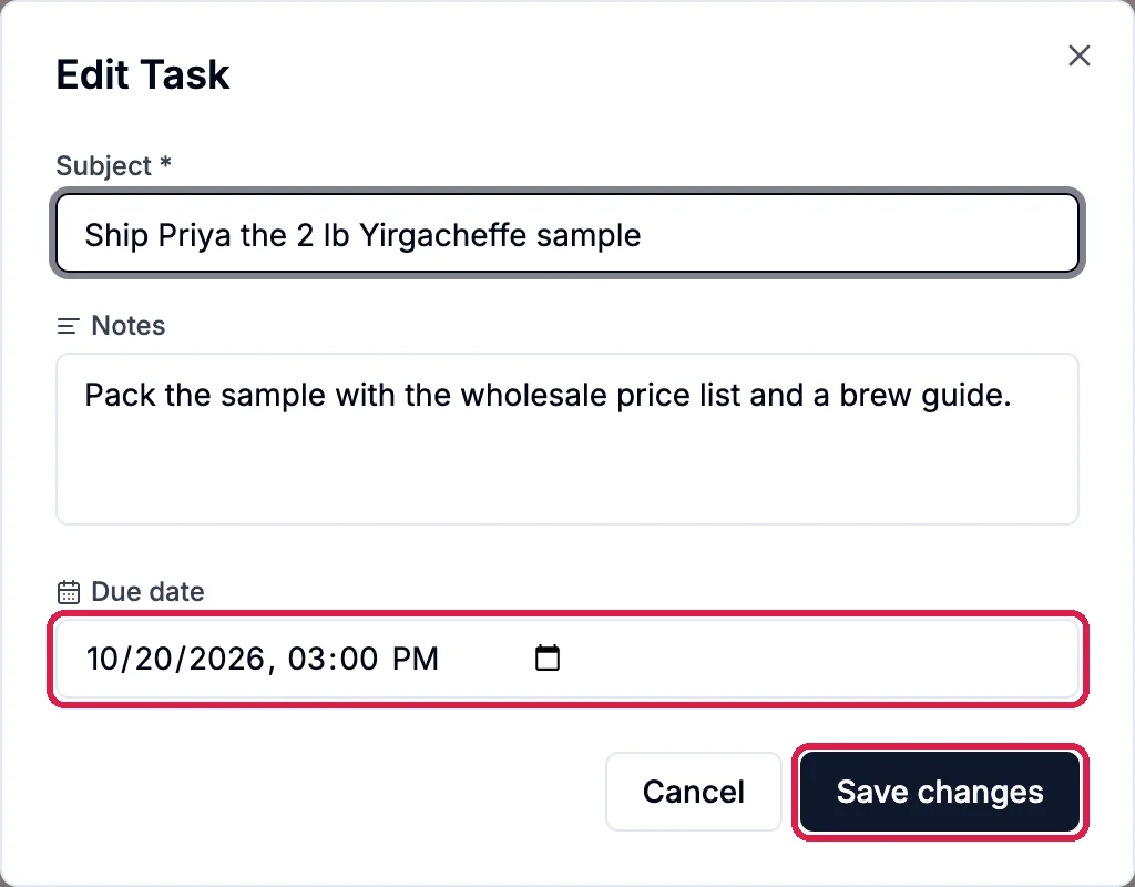 Edit Task with Subject, Notes and Due date 10/20/2026 03:00 PM, with the due date and Save changes outlined