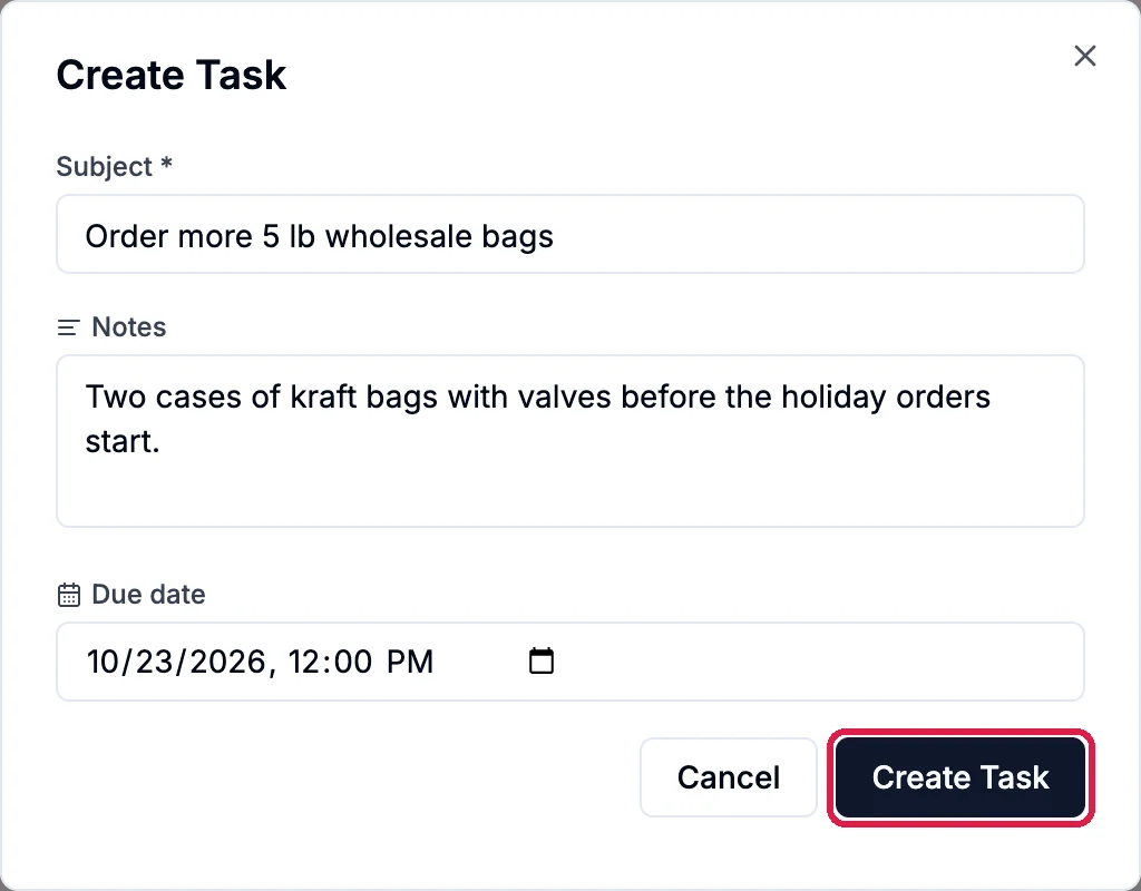 Create Task: Order more 5 lb wholesale bags, a note, Due date 10/23/2026 12:00 PM, and the Create Task button outlined