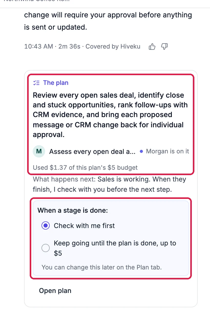 The plan: review every open sales deal, identify close and stuck opportunities, rank follow-ups and bring each proposed message or CRM change back for individual approval; Assess every open deal, with the sales agent on it; Used $1.37 of this plan's $5 budget, outlined; and When a stage is done with Check with me first chosen, outlined